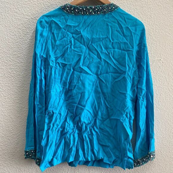 Boston Proper Embroidered Blouse Tunic Shirt Top Blue Rayon Size Small - Picture 4 of 4